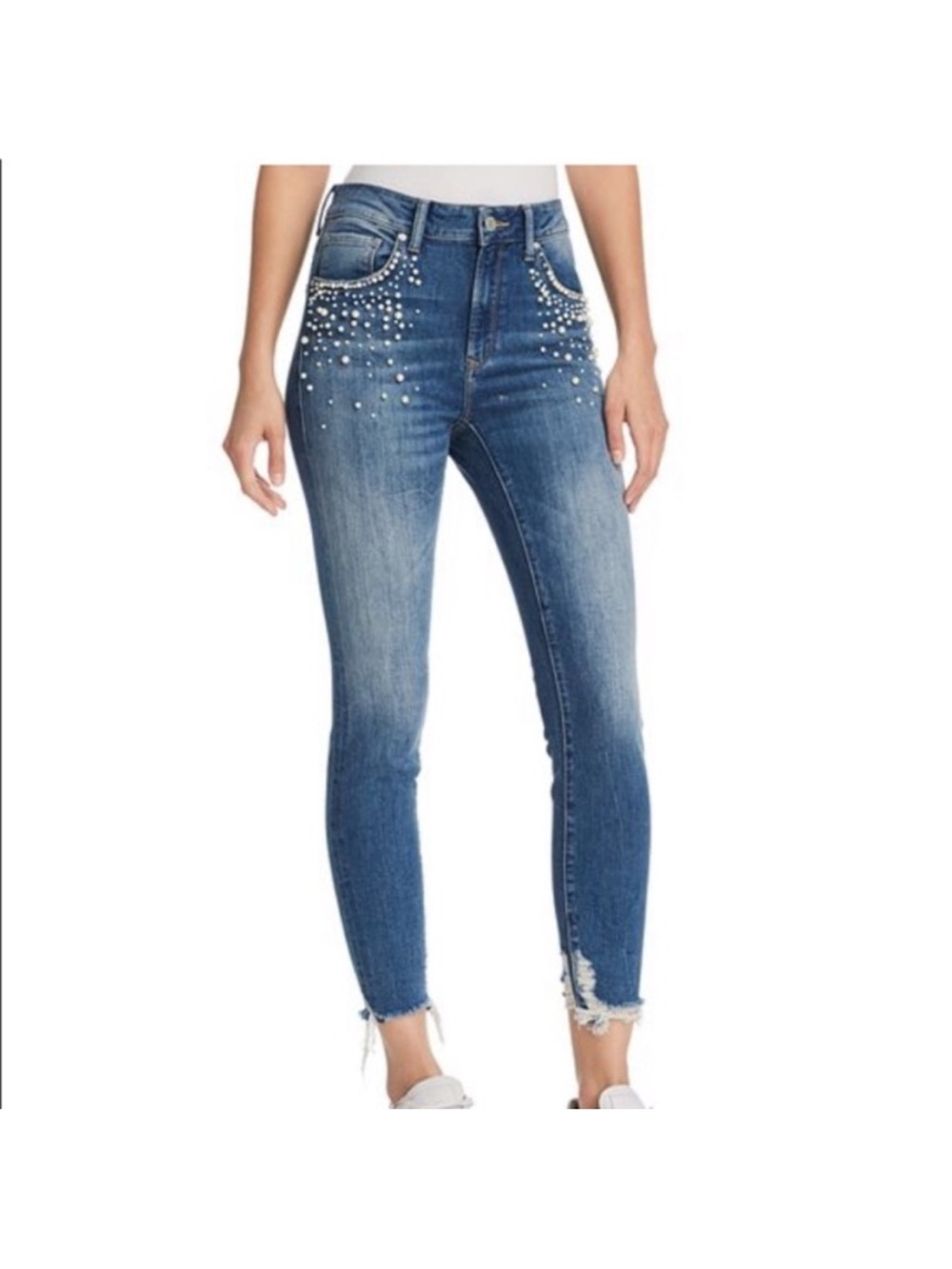 Mavi Tess High-Rise Skinny Jeans Pearl-Embellished Raw Hem Size 26/27 EUC